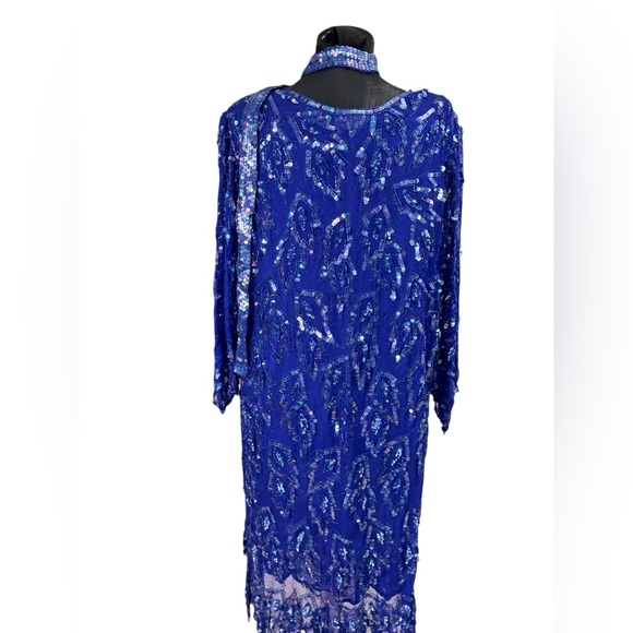 Vintage Carina Royal Blue 100% Silk Sequined Midi Dress - Picture 7 of 16